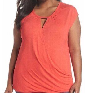 NEW NWT SEJOUR Plus Size Twisted Front Top Coral Red / Pink Short Cap Sleeve 2X